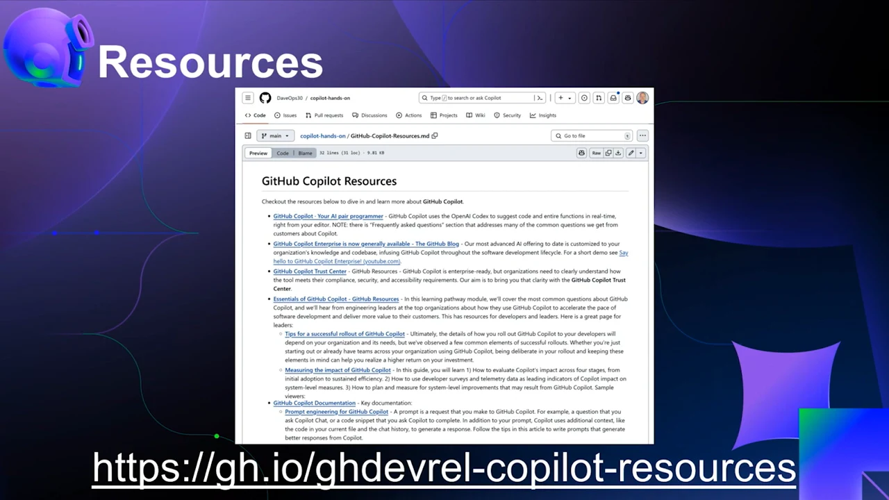 Resources slide with a GitHub Copilot Resources page screenshot and the large link https://gh.io/ghdevrel-copilot-resources.