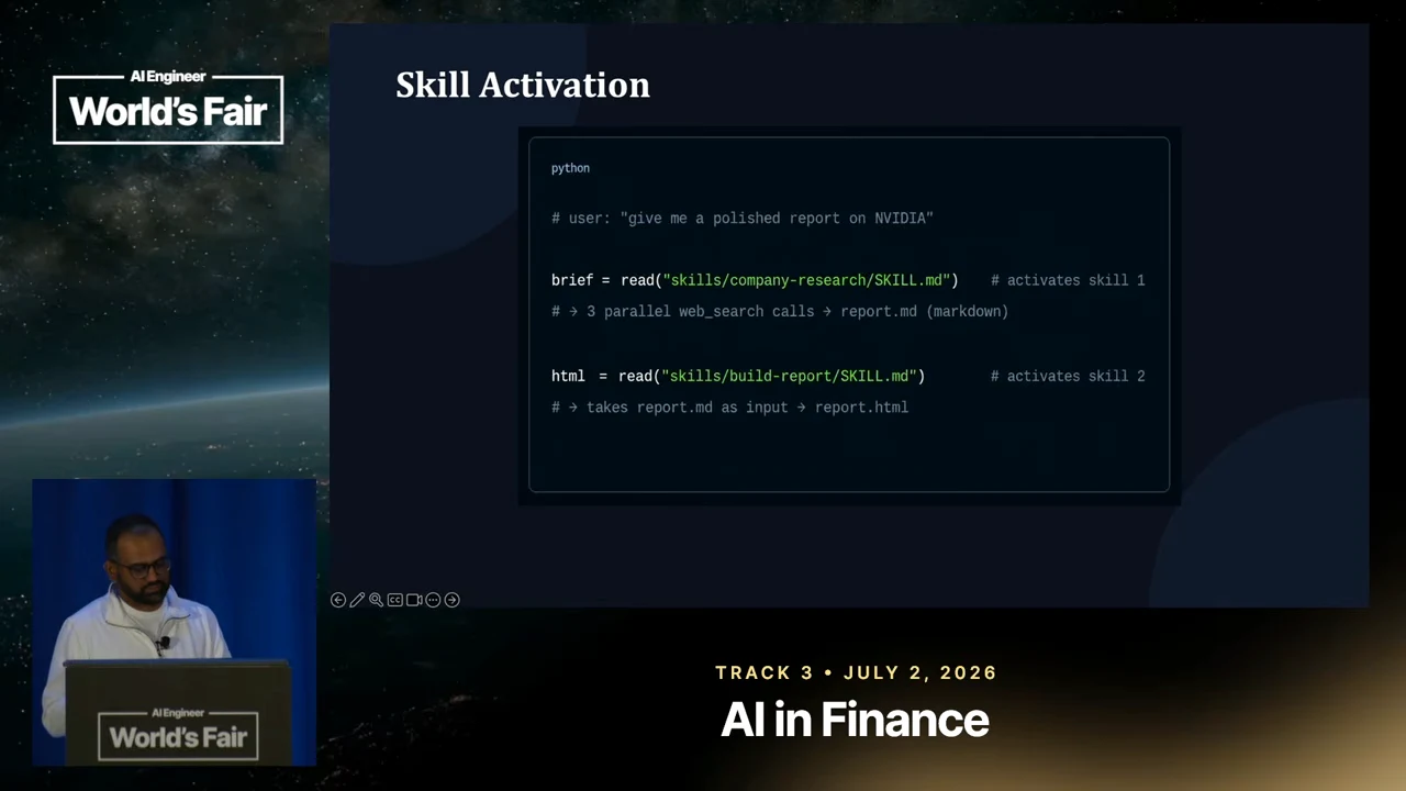 “Skill Activation” slide showing an NVIDIA report request followed by company research and build-report skill reads, with comments describing web searches, Markdown, and HTML output.