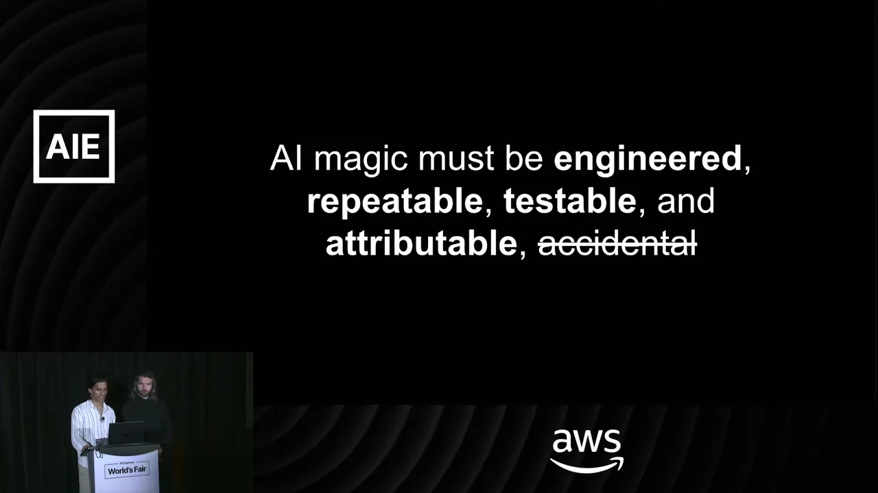 Black slide states that AI magic must be engineered, repeatable, testable, and attributable, with “accidental” struck through.