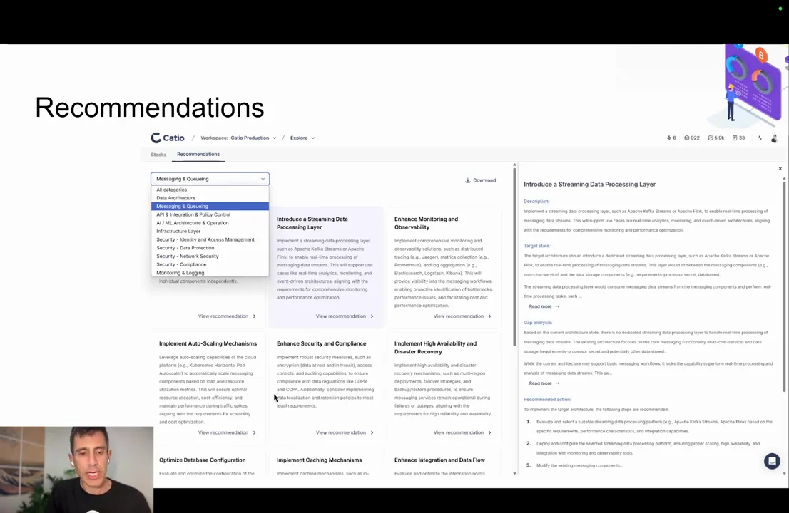 Recommendations slide shows an open category menu, a grid of recommendation cards, and a detail pane titled Introduce a Streaming Data Processing Layer with description, target state, gap analysis, and recommended actions.