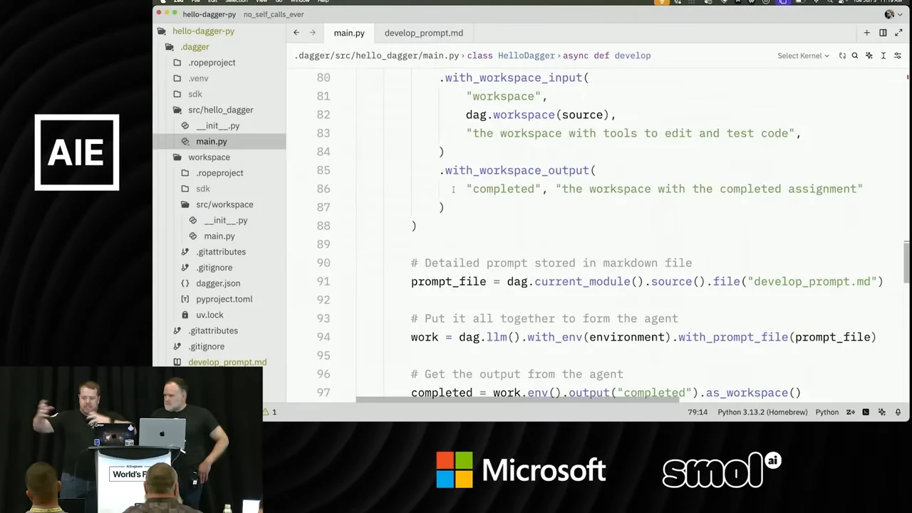 Python editor showing workspace input and output definitions, loading develop_prompt.md, and constructing an LLM with an environment and prompt file.