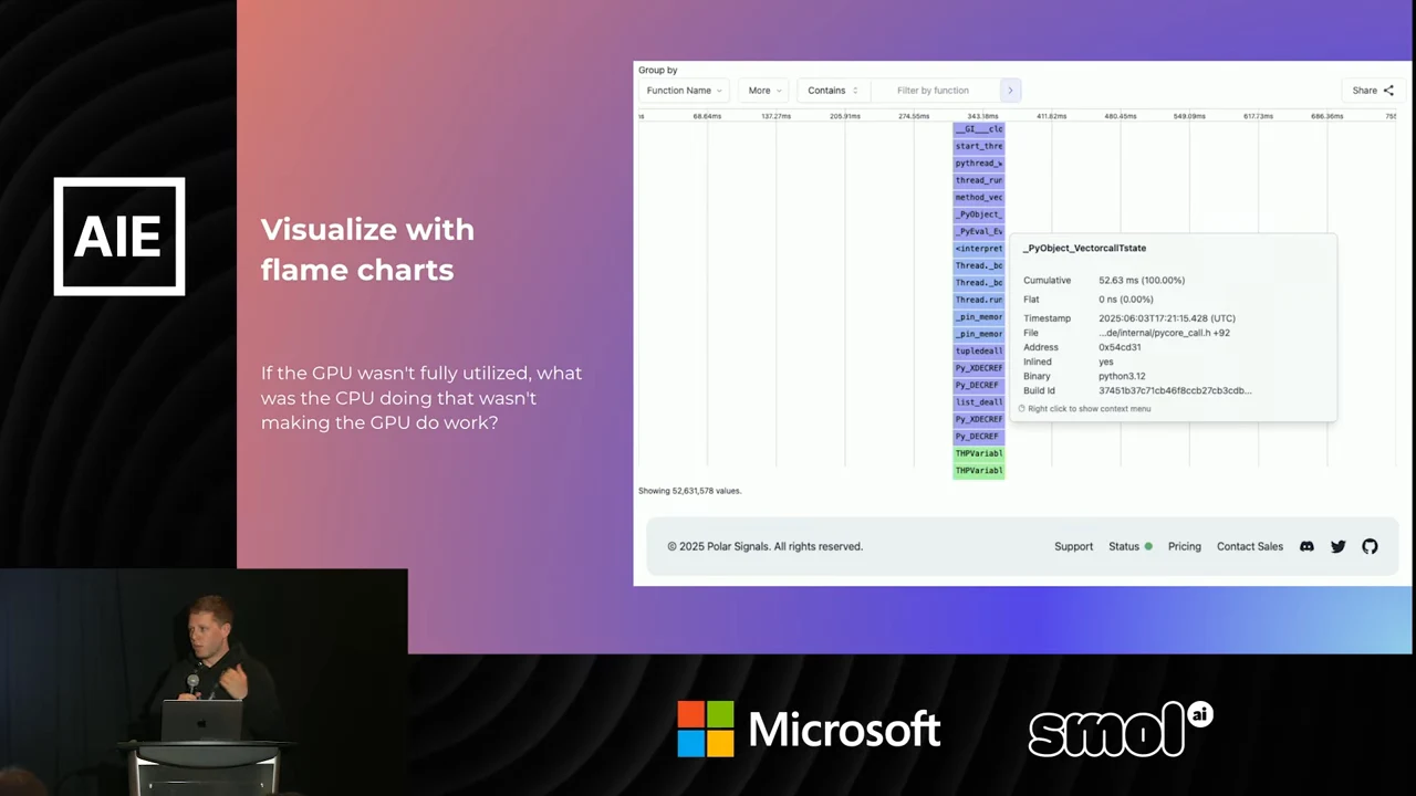 Slide titled “Visualize with flame charts” shows a vertical colored call stack with a function-details tooltip.