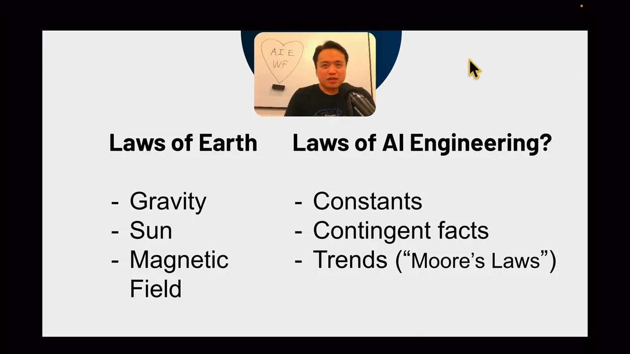 Two columns compare Laws of Earth—gravity, sun and magnetic field—with Laws of AI Engineering—constants, contingent facts and trends (“Moore’s Laws”).