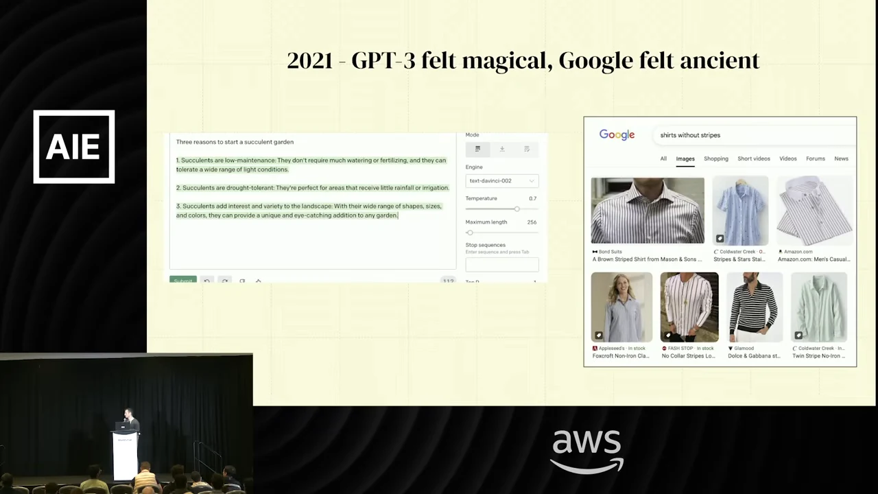 Slide titled “2021 - GPT-3 felt magical, Google felt ancient,” with a text-generation interface on the left and Google images showing striped shirts on the right.