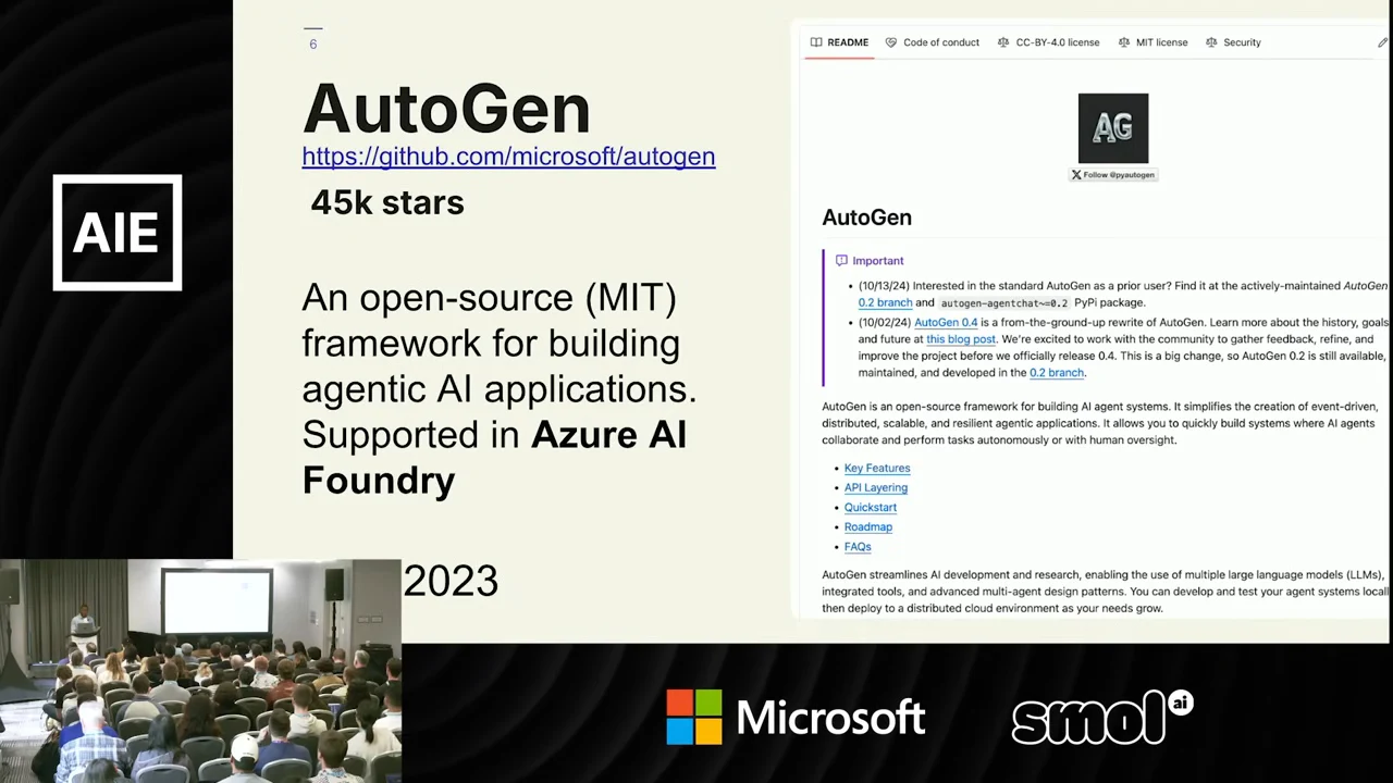 AutoGen slide showing its GitHub URL, 45k stars, MIT licensing, Azure AI Foundry support, and a repository screenshot.