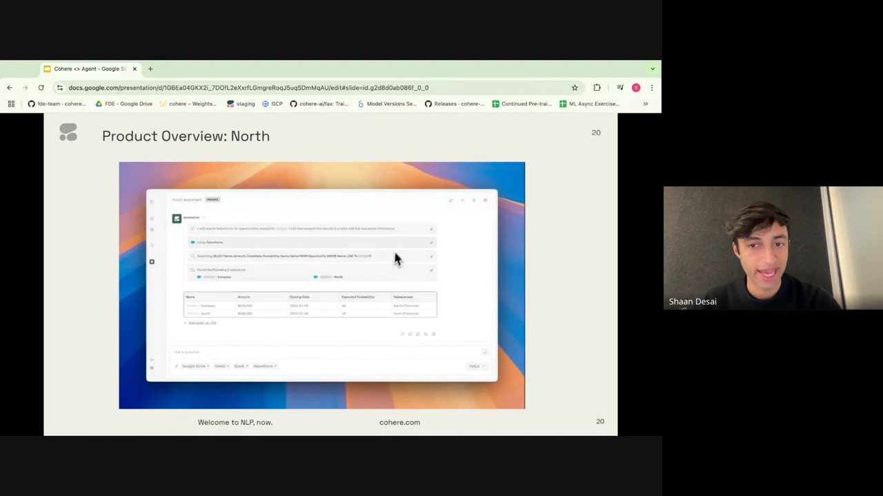 Product Overview: North slide containing an assistant conversation with several activity rows expanded above a results table, alongside the presenter.