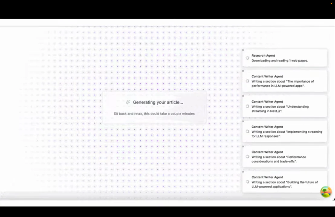 Generating your article message beside a stack of Research Agent and Content Writer Agent status cards describing research and individual article sections.