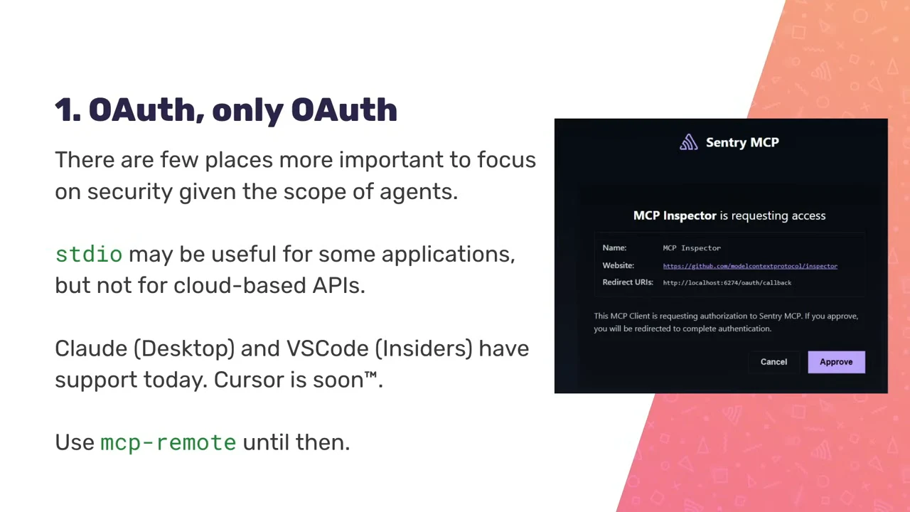 Slide recommends OAuth, contrasts stdio with cloud-based APIs, lists client support and mcp-remote, and shows an MCP Inspector access request with Cancel and Approve buttons.