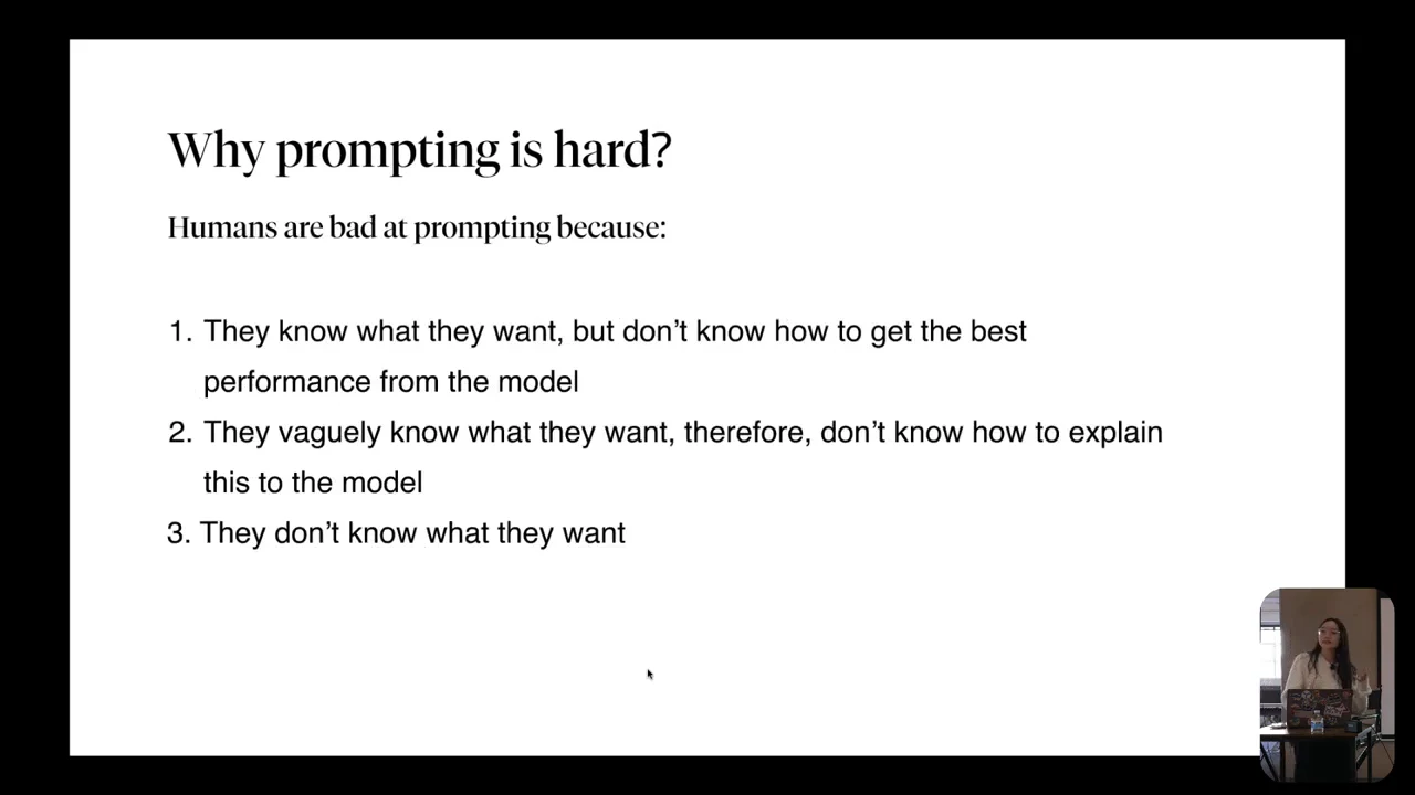 Slide listing three prompting difficulties: knowing the goal but not how to get model performance, vaguely knowing the goal but struggling to explain it, and not knowing the goal.