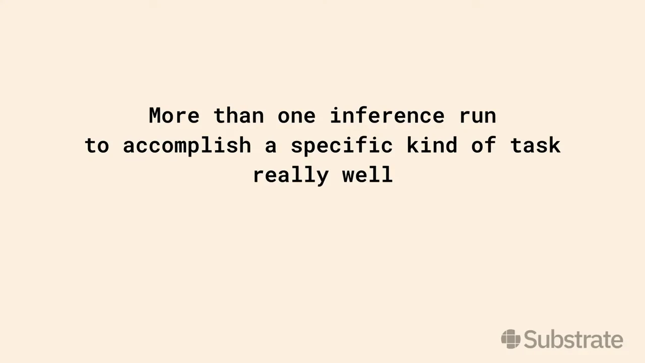 Cream slide with centered text stating “More than one inference run to accomplish a specific kind of task really well” and a Substrate logo.