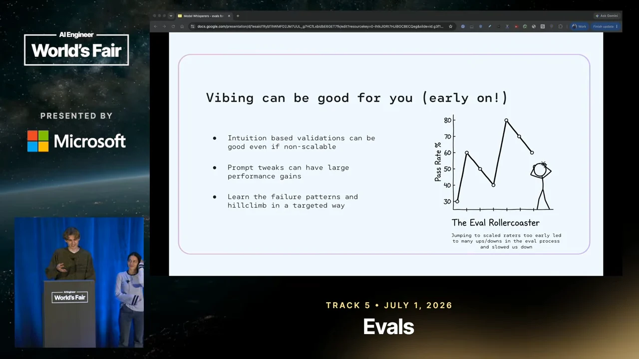 Slide titled “Vibing can be good for you (early on!)” with three bullets about intuition, prompt tweaks, and failure patterns beside a fluctuating line chart labeled “The Eval Rollercoaster.”