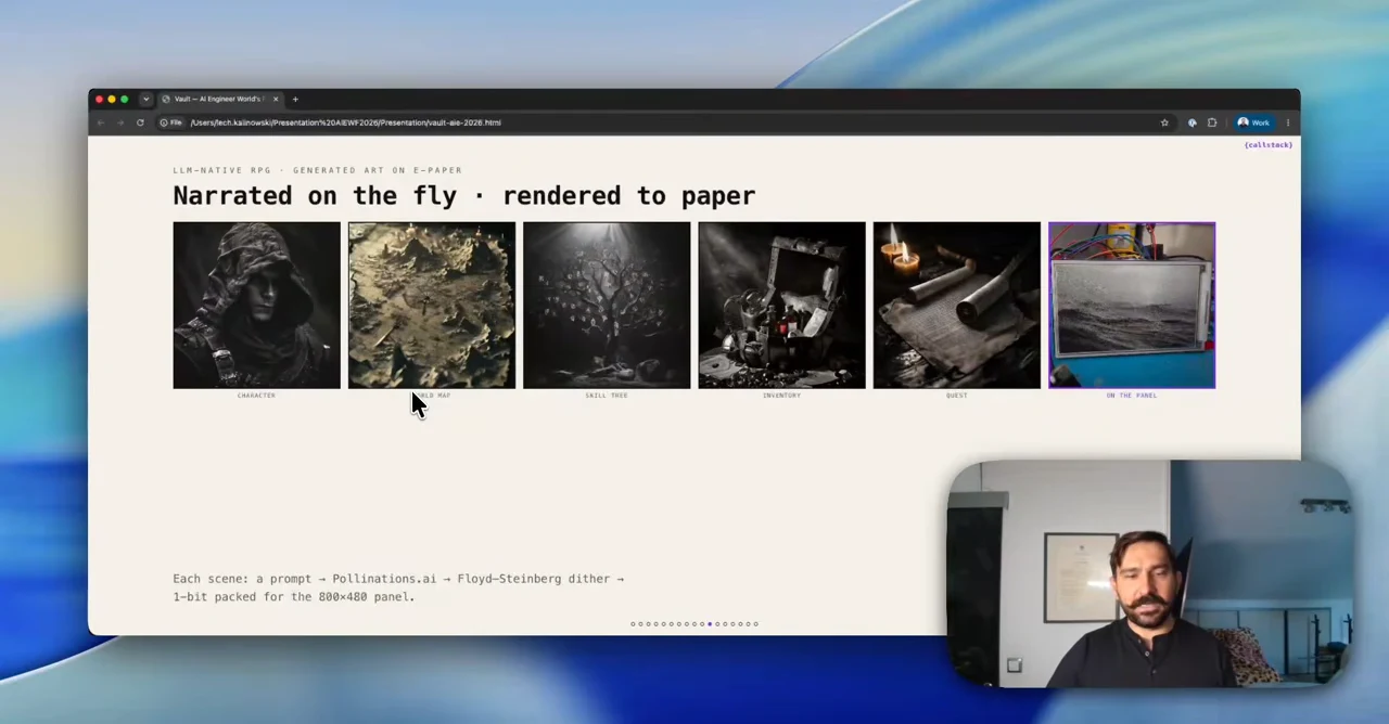 Slide titled “Narrated on the fly · rendered to paper,” showing five fantasy images followed by a photograph of an e-paper display.