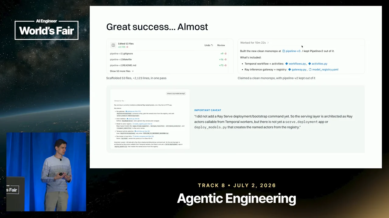 Slide shows code-change and assistant-response screenshots above an “IMPORTANT CAVEAT” stating that a Ray Serve deployment and bootstrap command were not added.
