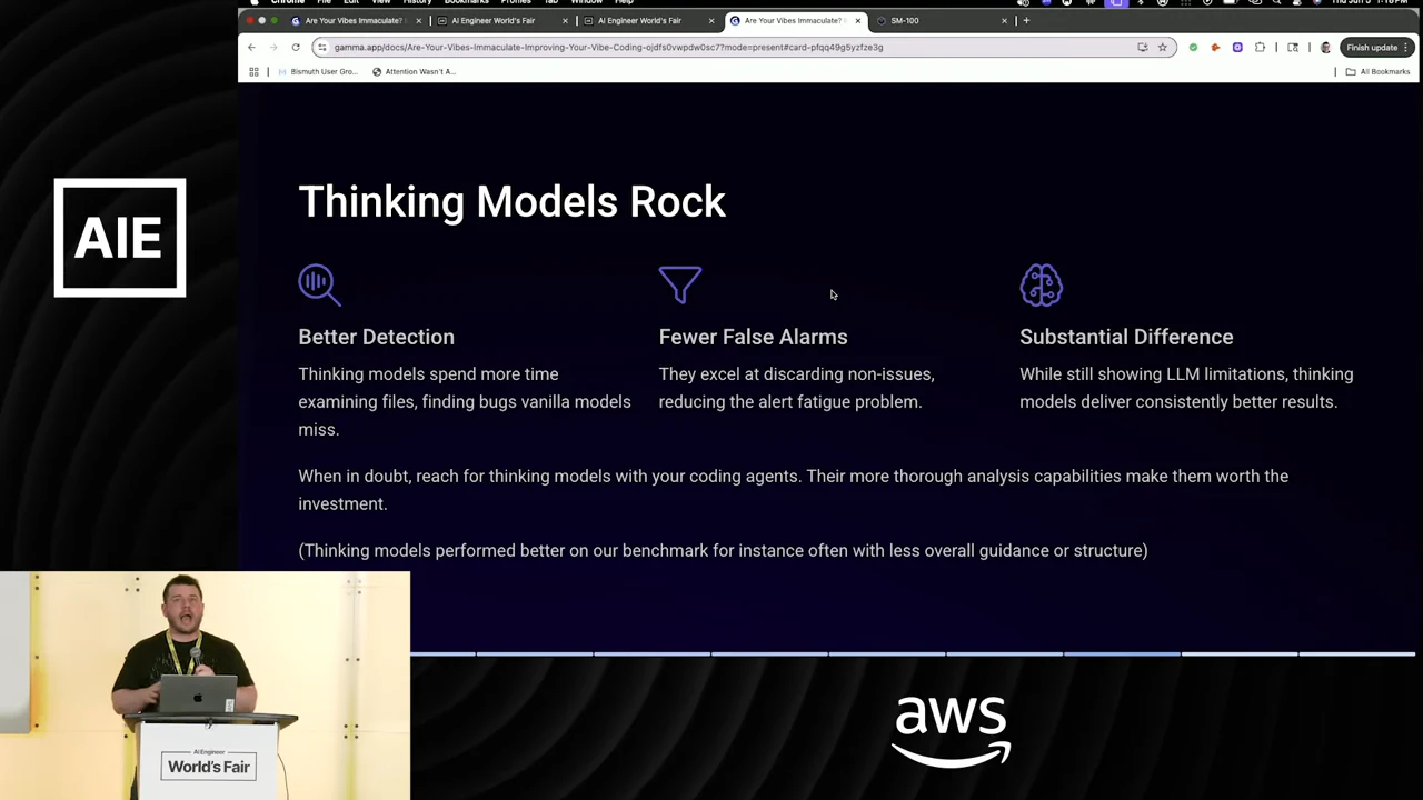 “Thinking Models Rock” slide has three columns titled Better Detection, Fewer False Alarms, and Substantial Difference, with text acknowledging LLM limitations.