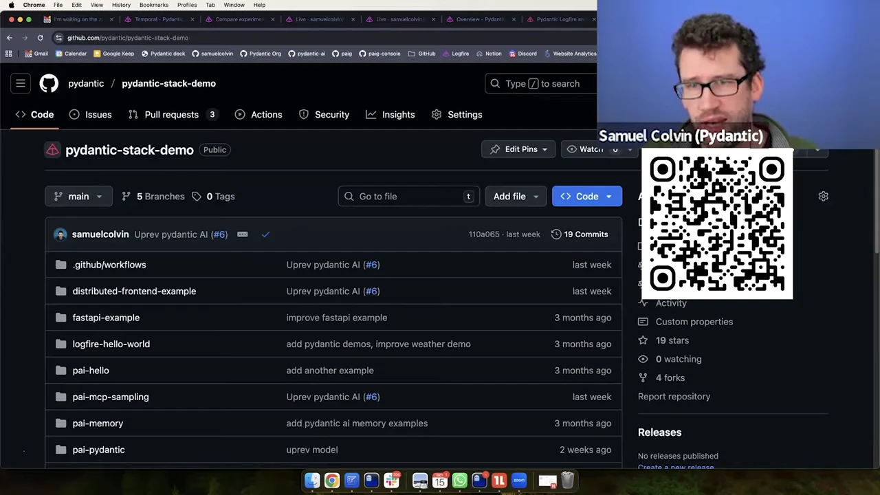 GitHub repository page for pydantic/pydantic-stack-demo showing example folders, with a QR code beneath the speaker inset.