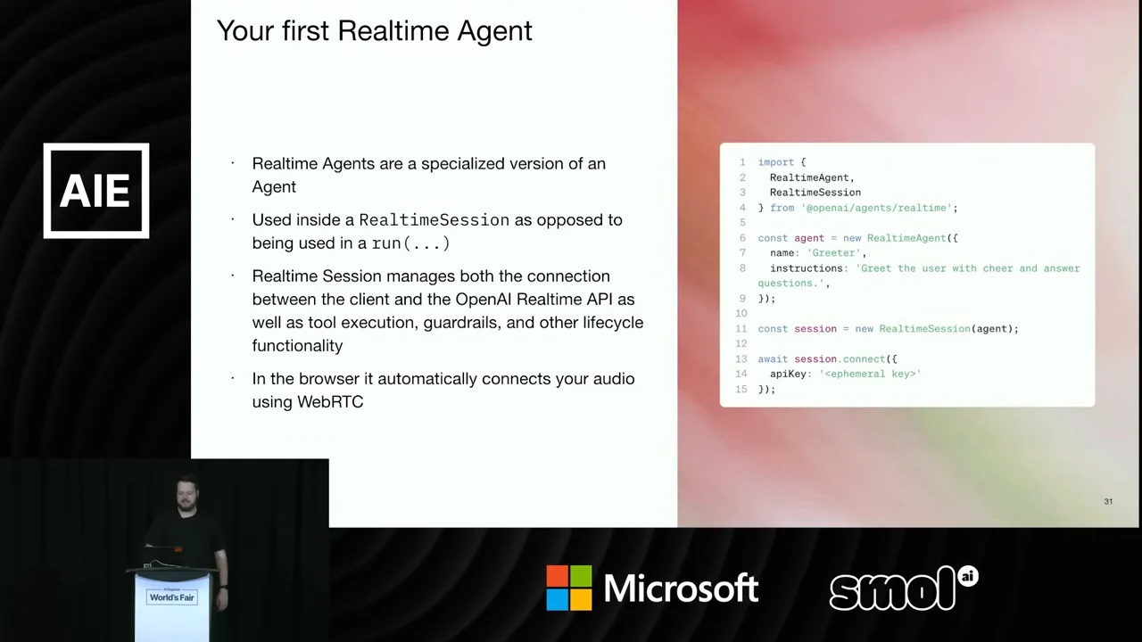 “Your first Realtime Agent” slide with session responsibilities, browser WebRTC support, and a short agent-and-session code example.