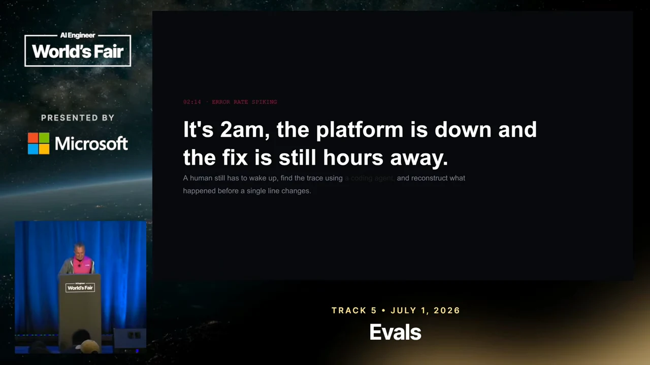 Dark slide with a large headline describing a platform outage at 2am and a fix still hours away.