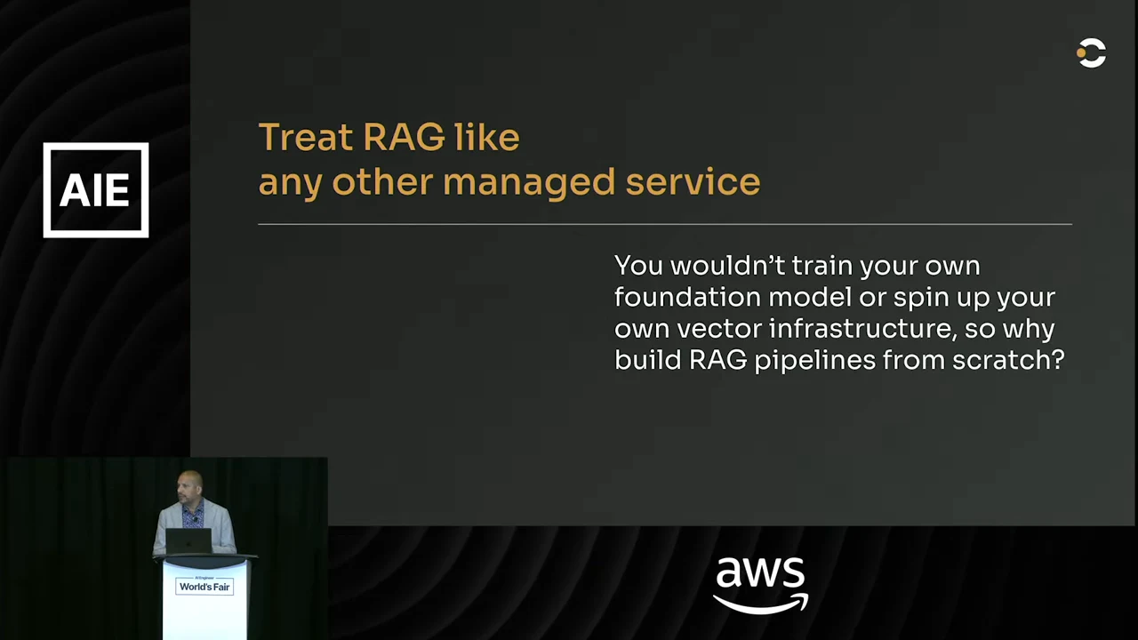 Slide asks why build RAG pipelines from scratch when foundation models and vector infrastructure are available as services.