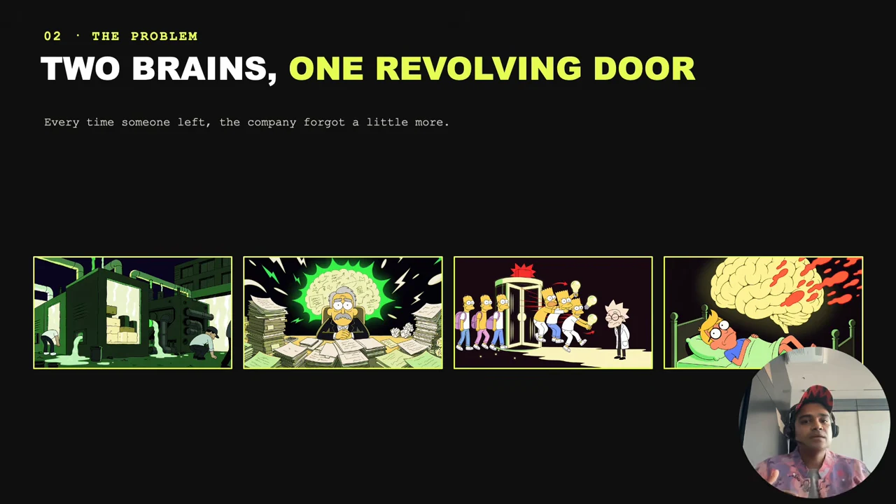 Slide titled “Two brains, one revolving door,” with four illustrations showing a factory, a man surrounded by papers, a revolving door, and a departing brain.