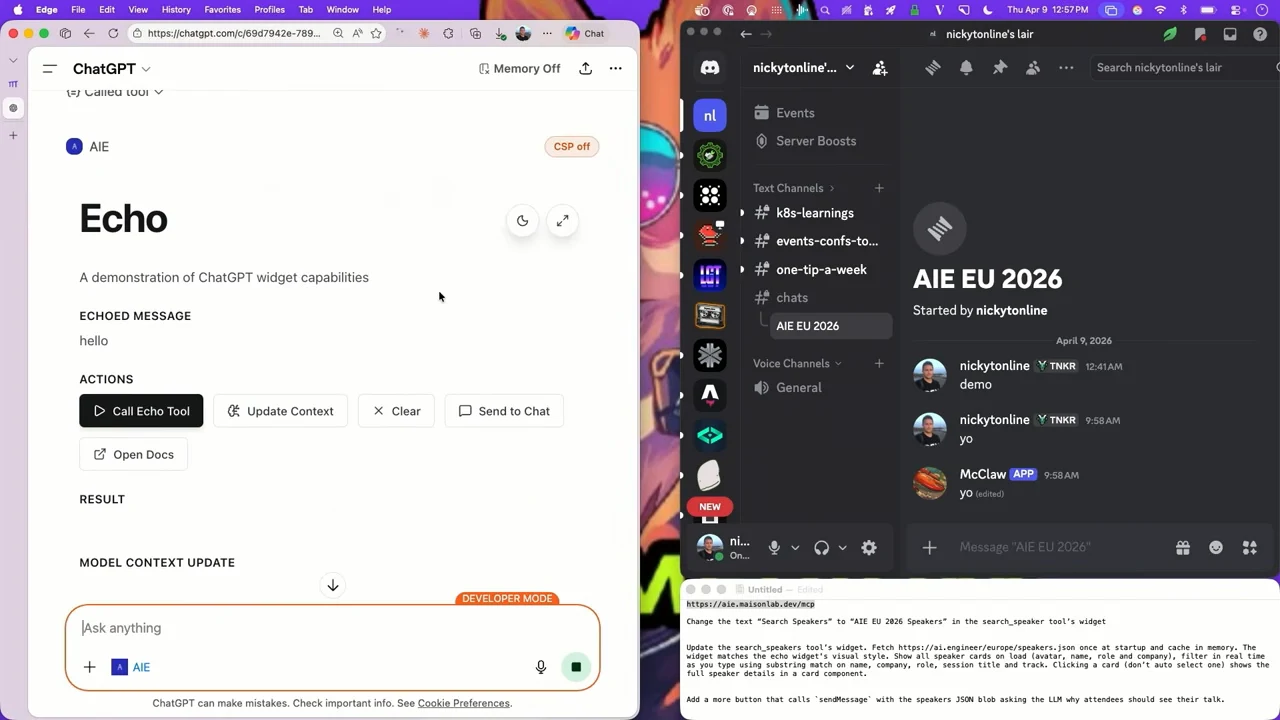 An Echo widget in ChatGPT shows “hello” under Echoed Message, with Call Echo Tool, Update Context, Clear, Send to Chat, and Open Docs buttons. Discord is open alongside it.