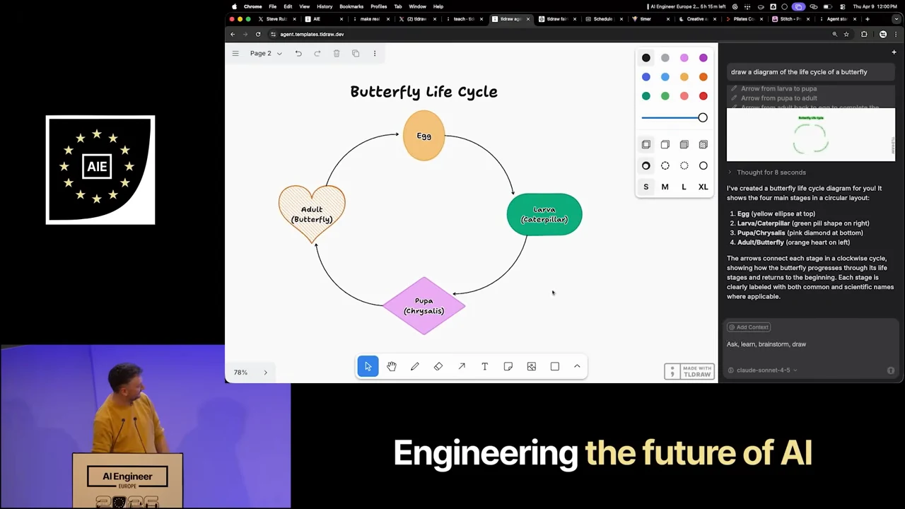 A Butterfly Life Cycle diagram connects Egg, Larva (caterpillar), Pupa (chrysalis), and Adult (butterfly) with circular arrows, alongside a dark chat sidebar.