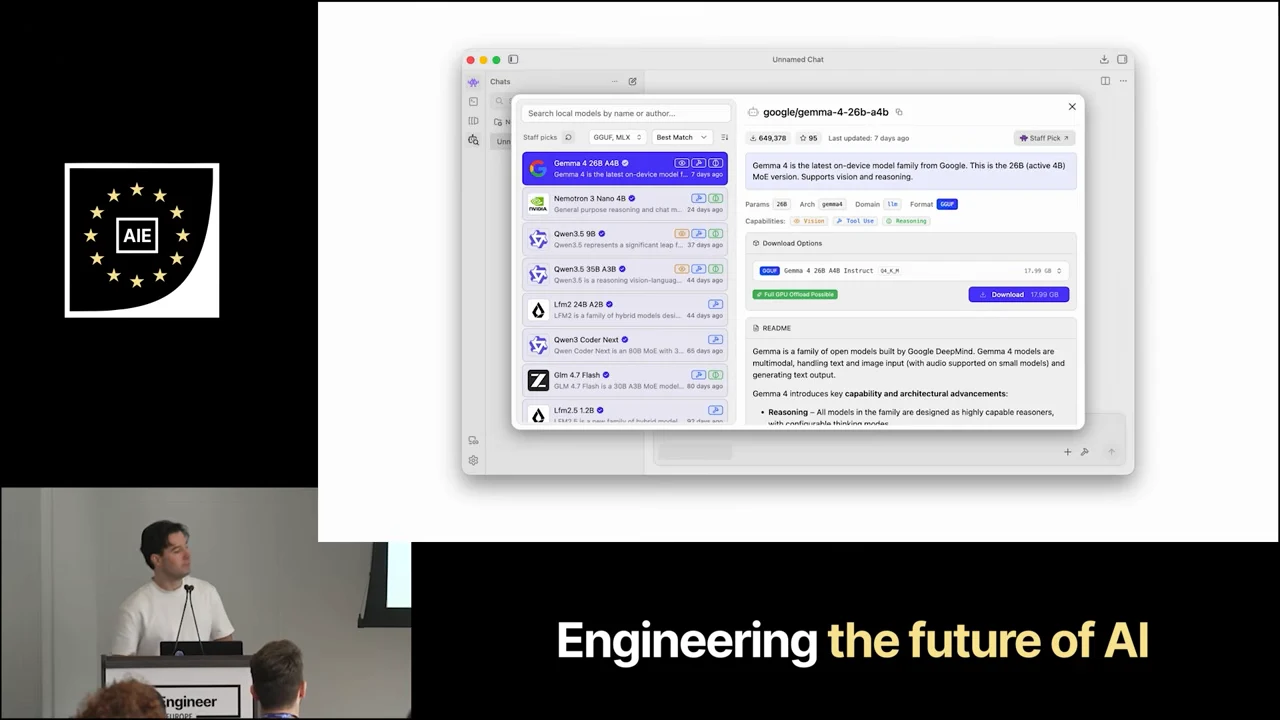 Desktop model browser with a model list on the left and Gemma details and a download button on the right.