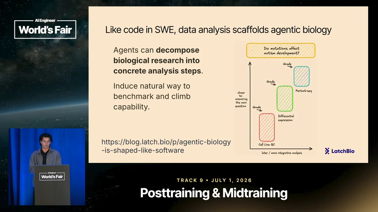 Slide pairs a claim about data analysis scaffolding agentic biology with a diagram progressing from cell line QC through differential expression to Perturb-seq beneath a biological question.