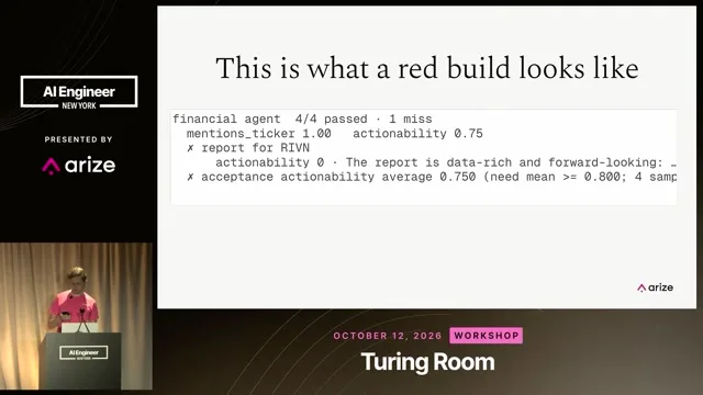 The failing scorecard is discussed: all ticker checks pass, but actionability averages 0.75.
