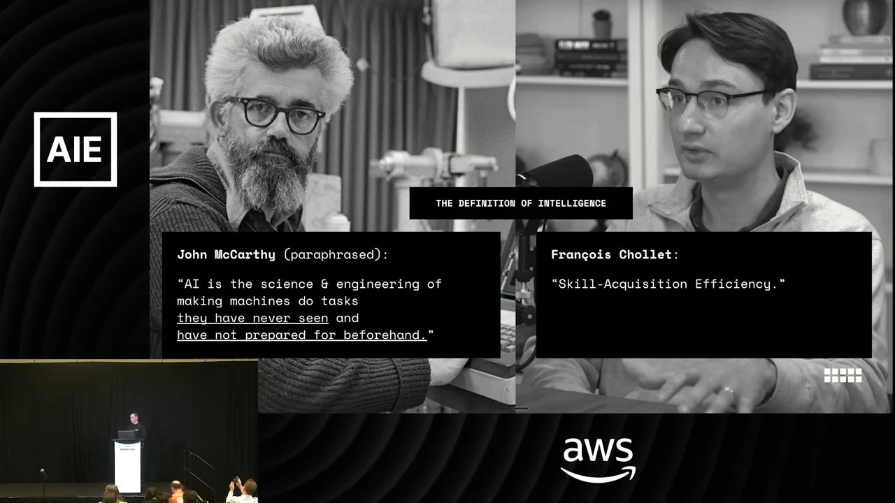 Slide juxtaposing John McCarthy and François Chollet, with a paraphrased definition beneath McCarthy and “Skill-Acquisition Efficiency” beneath Chollet.