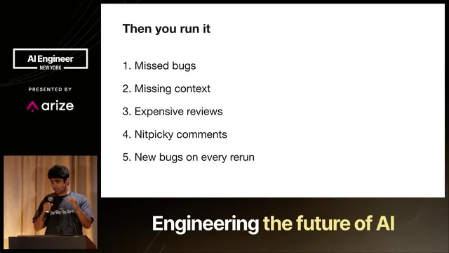 Five problems with a basic reviewer: missed bugs, missing context, expensive reviews, nitpicky comments, and new findings on every run.