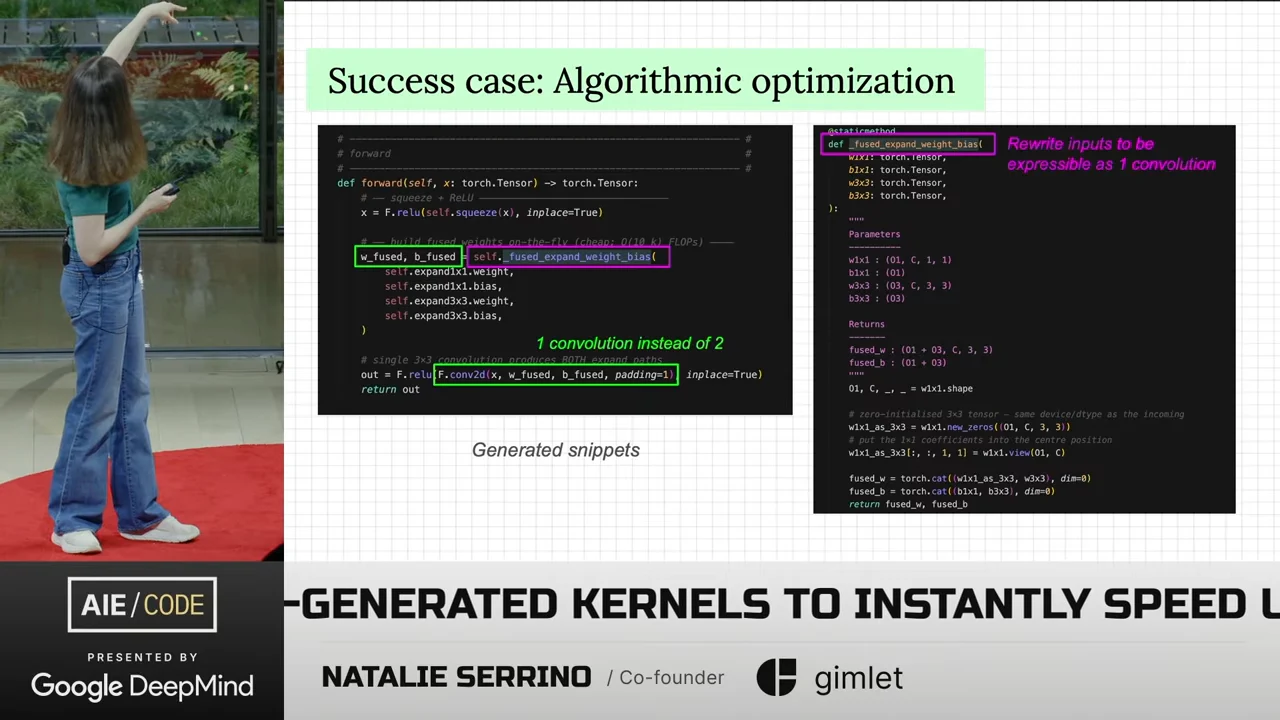 Two generated code snippets carry highlighted annotations reading “1 convolution instead of 2” and “Rewrite inputs to be expressible as 1 convolution.”