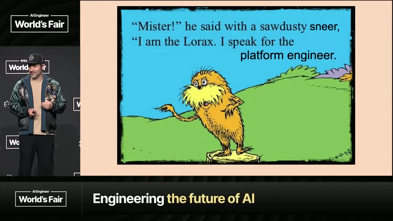 A Lorax illustration with the edited quote, “I am the Lorax. I speak for the platform engineer,” beside the presenter.