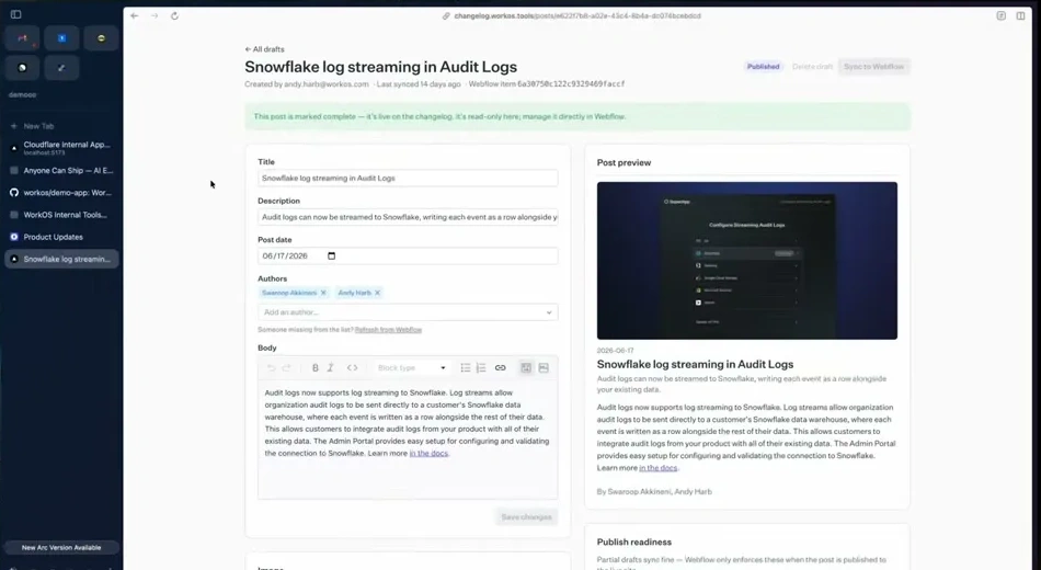 The changelog app puts structured editing beside a rendered preview, so coworkers can review the proposed output before publishing.