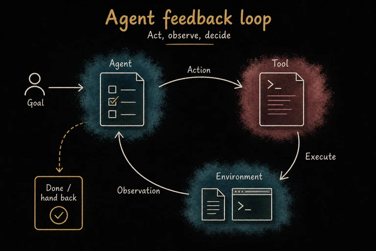 A goal enters the agent. The agent proposes an action through a tool, the tool operates on the environment, and an observation returns to the agent. A separate branch lets the agent finish or hand back control.