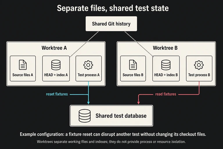 Two worktrees each have their own source files, HEAD and index, and test process. Both access shared Git history. One test resets fixtures and the other reads fixtures in the same external test database.