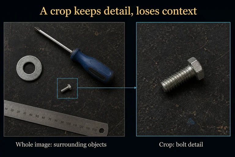 A workshop image contains a washer, screwdriver, ruler and small bolt. A marked crop isolates the bolt and an enlarged view excludes surrounding objects.