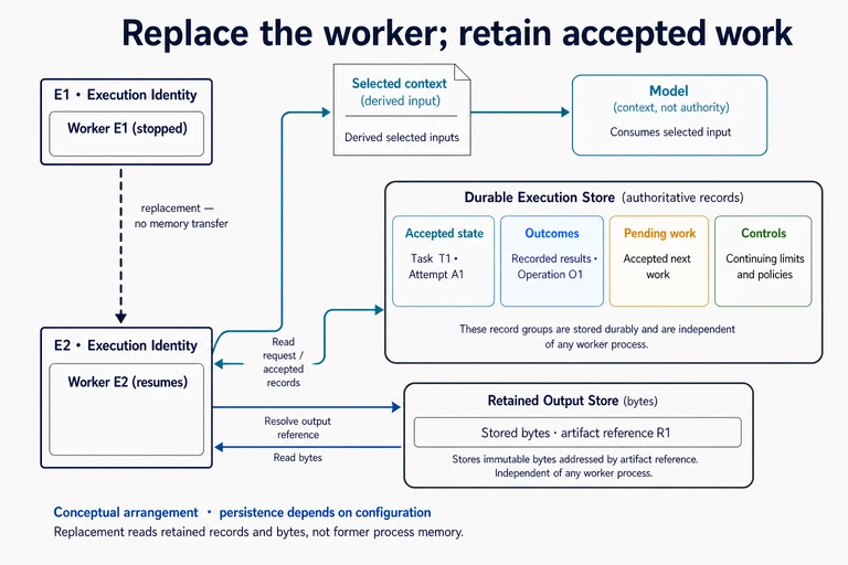 Stopped execution E1 is replaced by E2. E2 reads accepted task T1, attempt A1 and operation O1 records, resolves retained output R1, and derives selected model input.