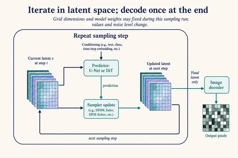 The sampler repeatedly updates a spatial latent using network predictions. The decoder converts the final latent into pixels; changing the prediction architecture does not remove the sampling loop.