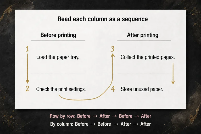 A two-column printer reference sheet. Read both Before printing steps down the left column, then both After printing steps down the right. Row-by-row sorting interleaves the two sequences.