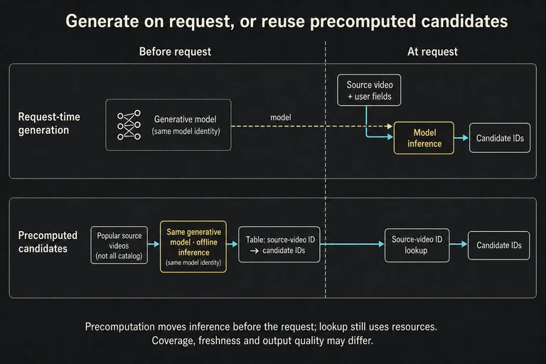 This schematic contrasts request-time generation using source-video and user context with precomputed candidates for popular source videos. Looking up candidates moves inference earlier; it does not establish identical quality, complete coverage, instantaneous refresh or zero serving cost.