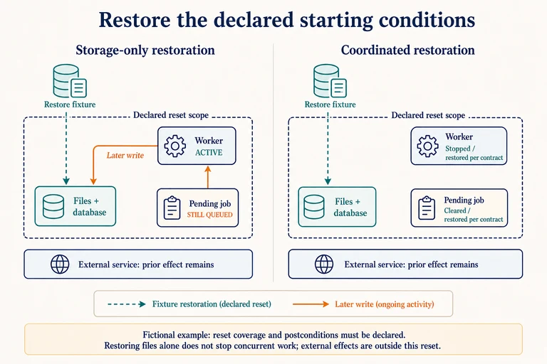 Matched software environments distinguish restoring storage alone from restoring declared worker and queue state. A surviving worker writes into restored storage; external effects remain outside both reset scopes.