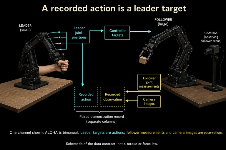 One channel of bimanual ALOHA is shown schematically. The person guides the leader; leader joint positions provide controller targets and recorded actions. Follower joint measurements and camera images form observations. Targets and achieved states need not coincide.