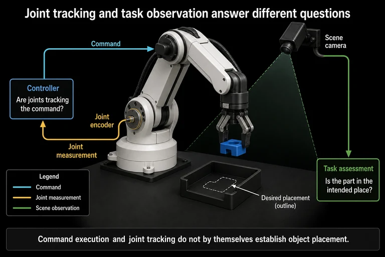 In this illustrative architecture, joint measurements return to the controller while a camera supplies scene evidence for task assessment. The single part remains distinct from its desired placement outline; tracked motion alone does not establish placement.