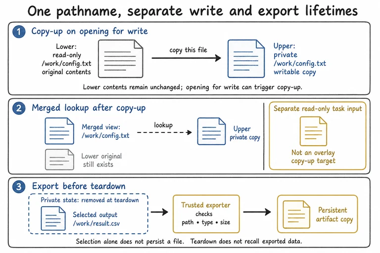 Opening lower config.txt for writing copies it into private upper state; merged lookup resolves to upper. A separate read-only input stays separate. Export crosses a trusted checker into persistent storage outside teardown.