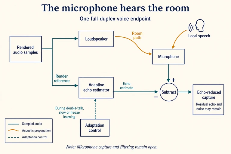 Rendered samples drive the speaker and echo estimator. Room sound and local speech enter the microphone; estimated echo is subtracted from sampled capture while adaptation control adjusts learning.