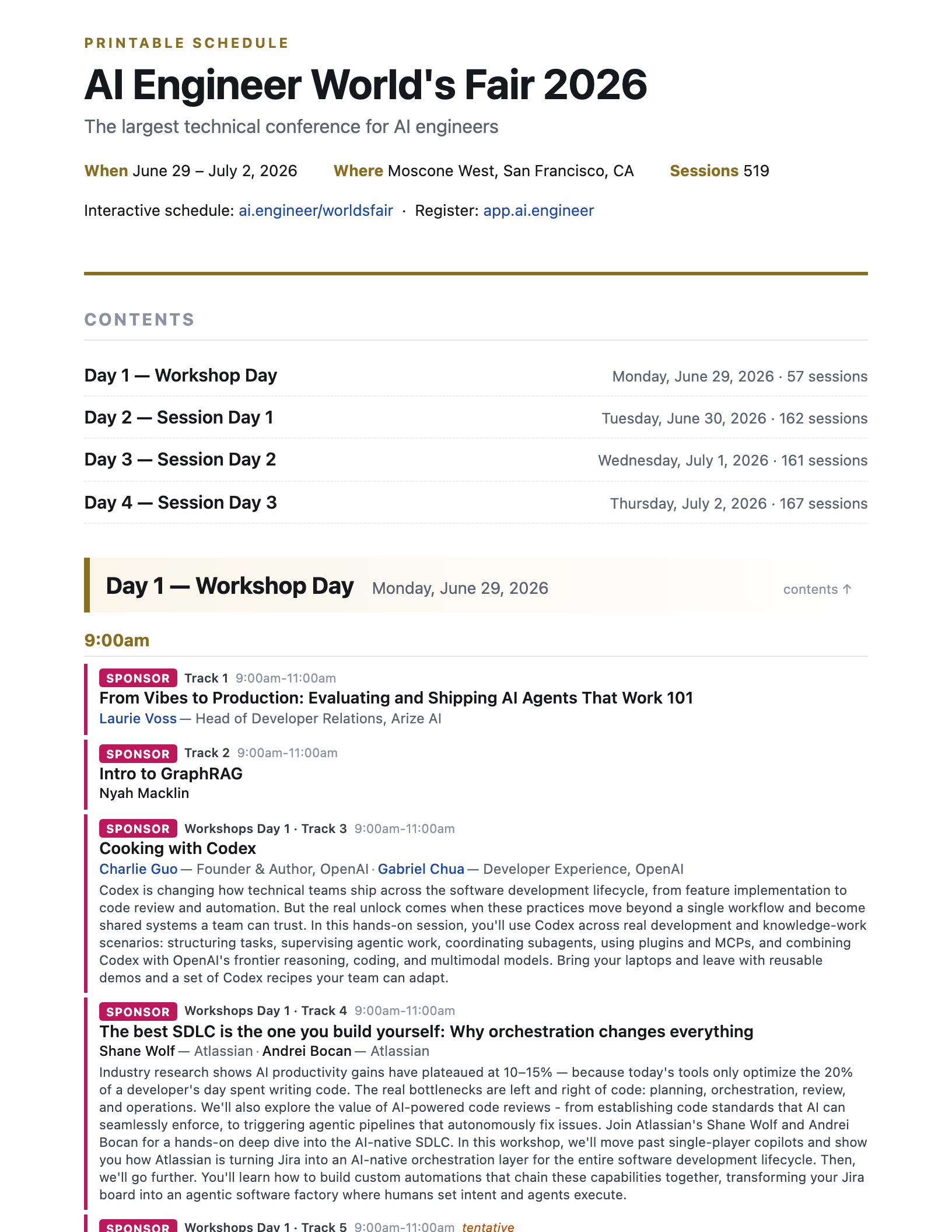 Preview of the printable AI Engineer World's Fair 2026 schedule PDF — white background, day-by-day session listing with hyperlinked talks
